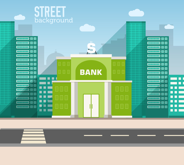bank building in city space with road on flat style background concept. Vector illustration design